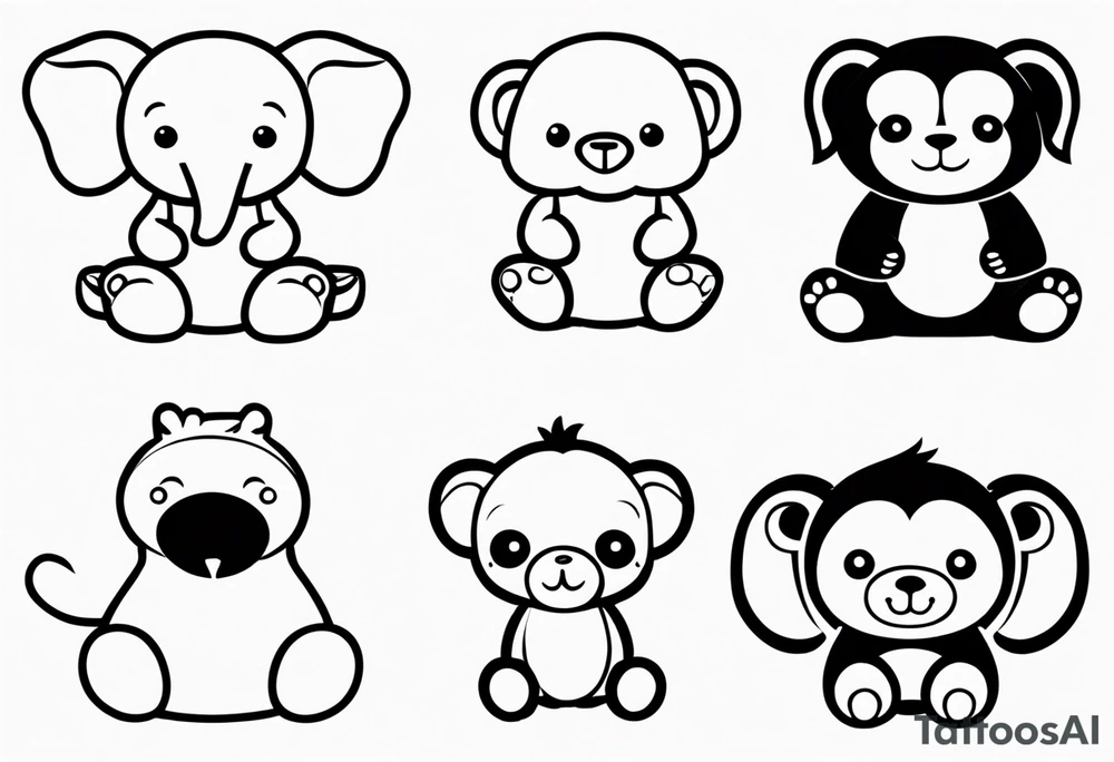 4 baby stuffy toys one is an elephant one is a monkey two are sloths tattoo idea