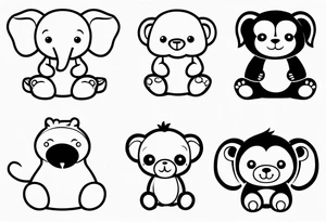 4 baby stuffy toys one is an elephant one is a monkey two are sloths tattoo idea