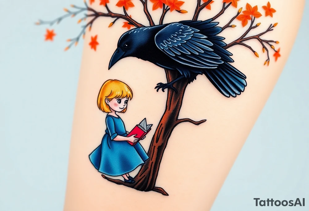 A Raven standing on the branch of an orange tree. A blond little girl wearing a blue dress sitting under the tree while reading a book. The raven is watching her. tattoo idea