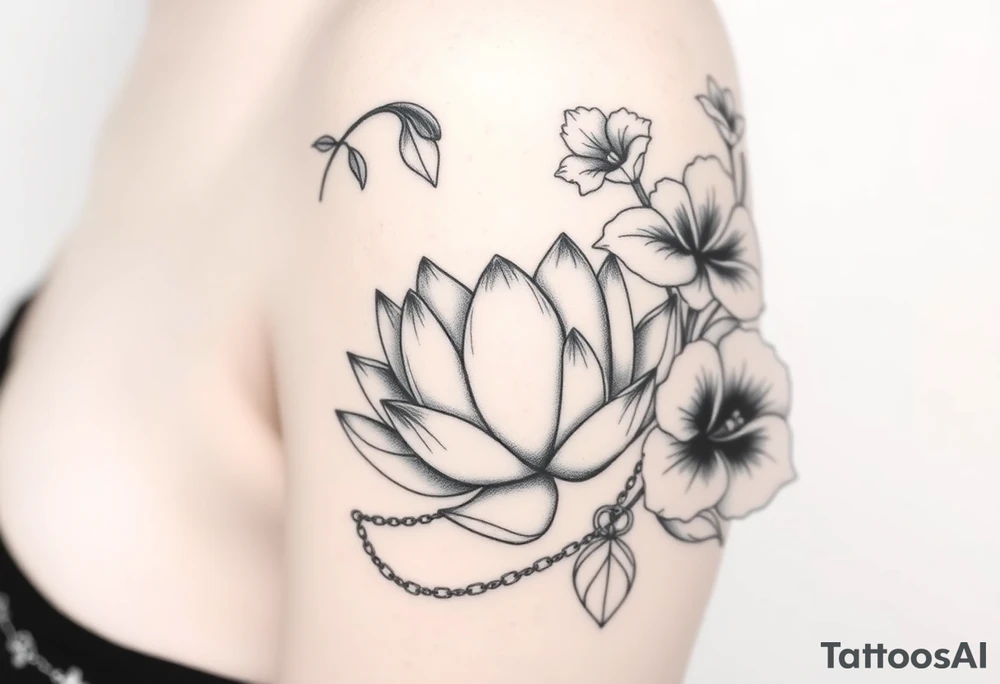 Lotus surrounded by Lilly of the valley on left side iris above and morning glory flowers to the right side. A heart chain and chain link weaved through whole tattoo tattoo idea
