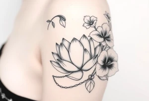 Lotus surrounded by Lilly of the valley on left side iris above and morning glory flowers to the right side. A heart chain and chain link weaved through whole tattoo tattoo idea