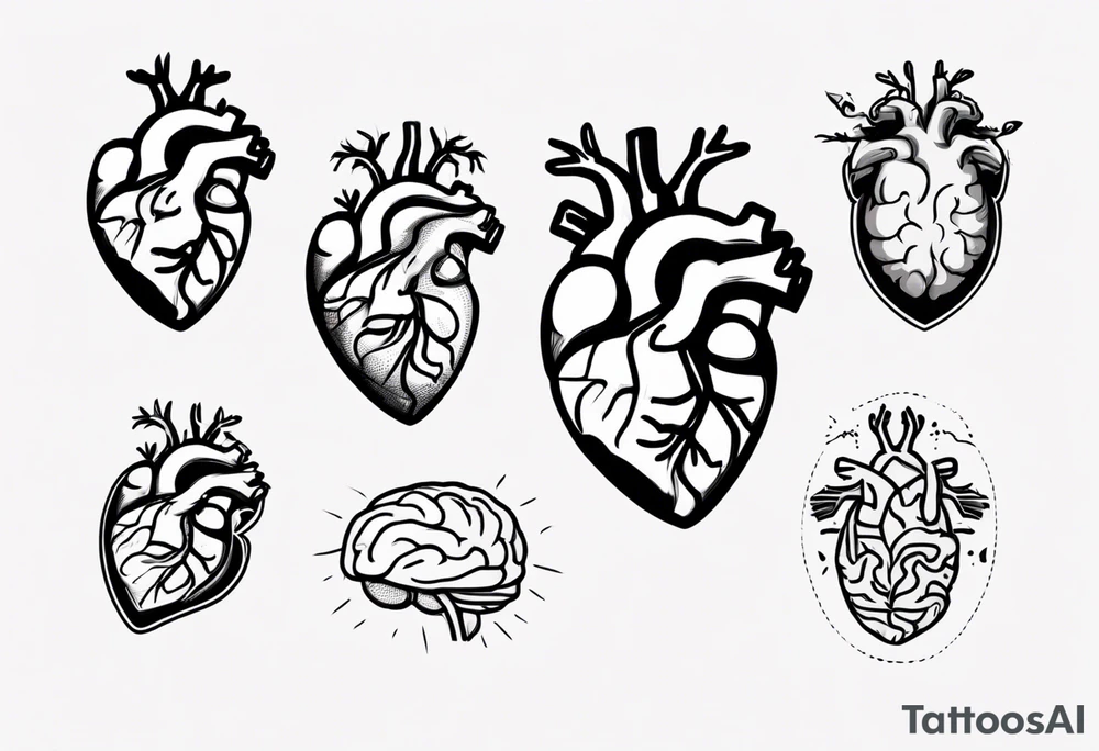 Anatomical heart and anatomical brain in simple line work tattoo idea