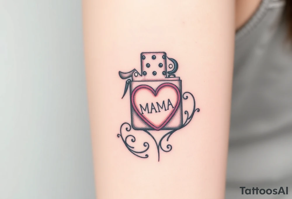 A traditional style tattoo design of a vintage zippo lighter with a traditional mom heart on the front with the words quote “MAMA” tattoo idea