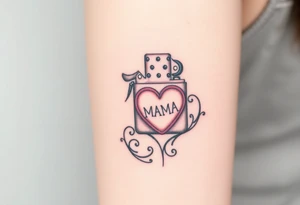 A traditional style tattoo design of a vintage zippo lighter with a traditional mom heart on the front with the words quote “MAMA” tattoo idea