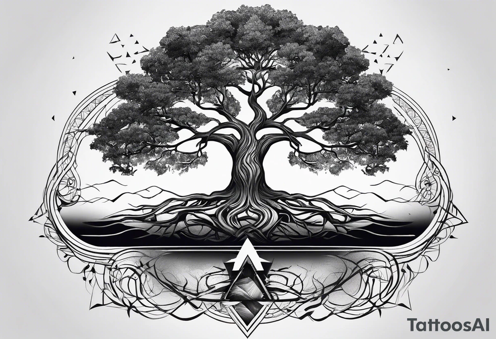 minimal Yggdrasil with roots 
3 line triangles behind tattoo idea