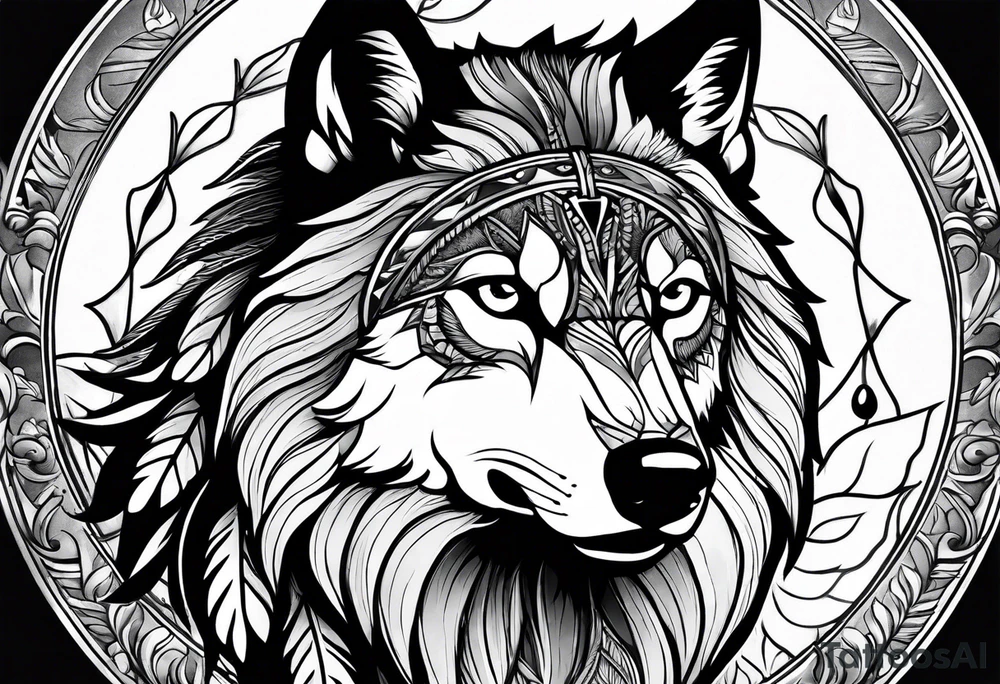 indian, wolf, feathers, water, nature tattoo idea
