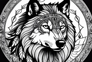indian, wolf, feathers, water, nature tattoo idea