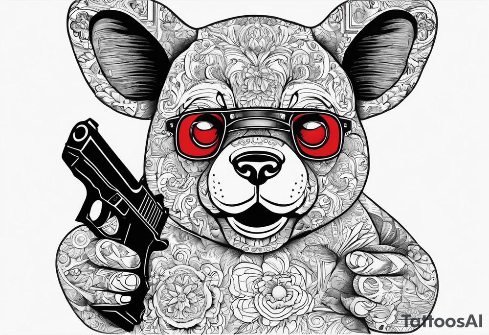 Teddy Baer wit red eyes and Glock 19 in the right hand and putting up 4s wit left hand standing tattoo idea