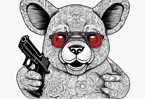 Teddy Baer wit red eyes and Glock 19 in the right hand and putting up 4s wit left hand standing tattoo idea