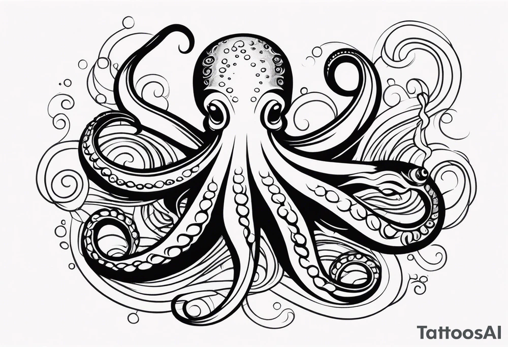 Tribal half sleeve. octopus surrounded by ribbons of water waves filled with fish. the octopus has small eyes. Use thick lines only with less detail. tattoo idea