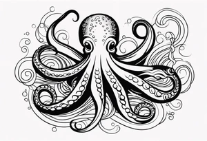 Tribal half sleeve. octopus surrounded by ribbons of water waves filled with fish. the octopus has small eyes. Use thick lines only with less detail. tattoo idea