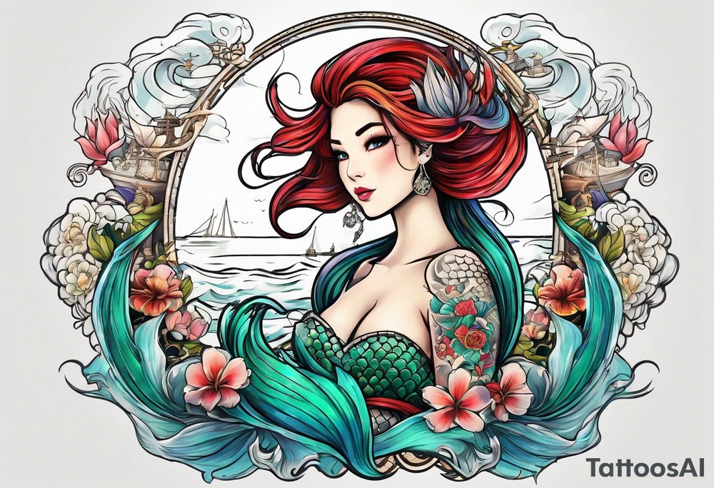 mermaid with galleon ship tattoo idea