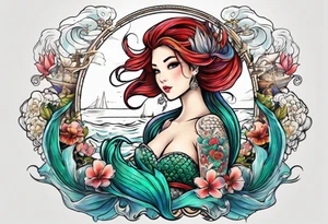 mermaid with galleon ship tattoo idea