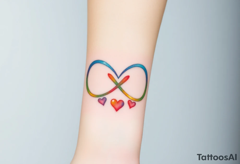 infinity symbol in rainbow colors and hearts at its ending tattoo idea