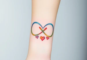 infinity symbol in rainbow colors and hearts at its ending tattoo idea