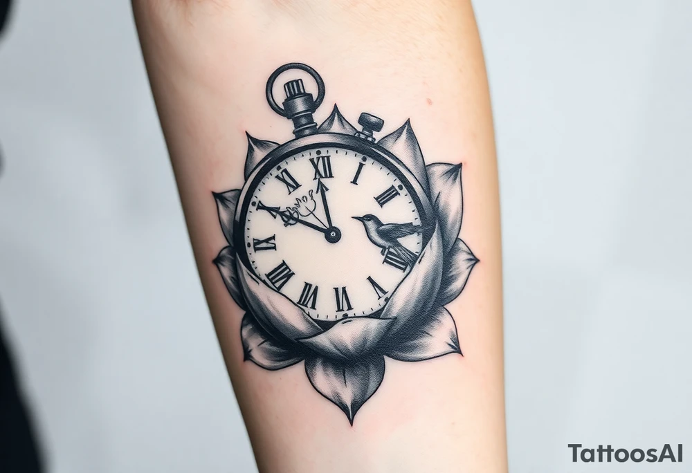 A broken clock floating inside a blooming lotus flower, with a small bird flying out from the clock face tattoo idea