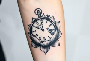 A broken clock floating inside a blooming lotus flower, with a small bird flying out from the clock face tattoo idea