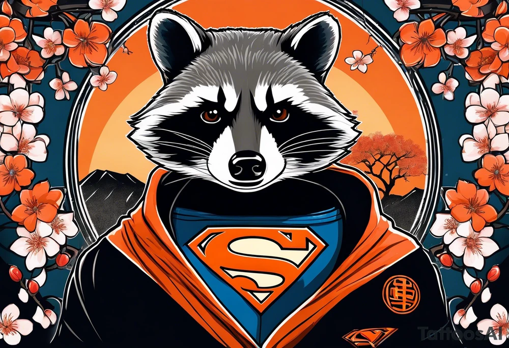 Raccoon wearing a white Superman logo on a black hoodie and orange Japanese cherry blossoms beside tattoo idea