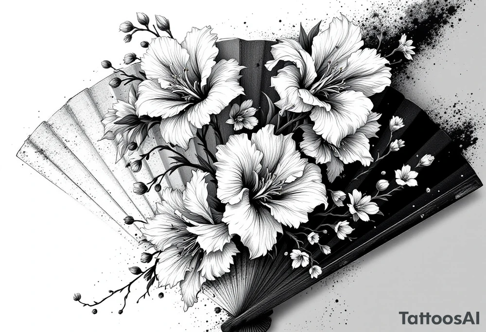Irises flowers and cherry blossom on a fan tattoo idea