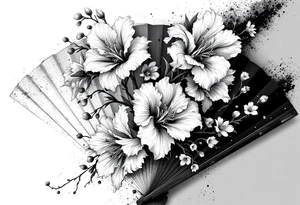 Irises flowers and cherry blossom on a fan tattoo idea