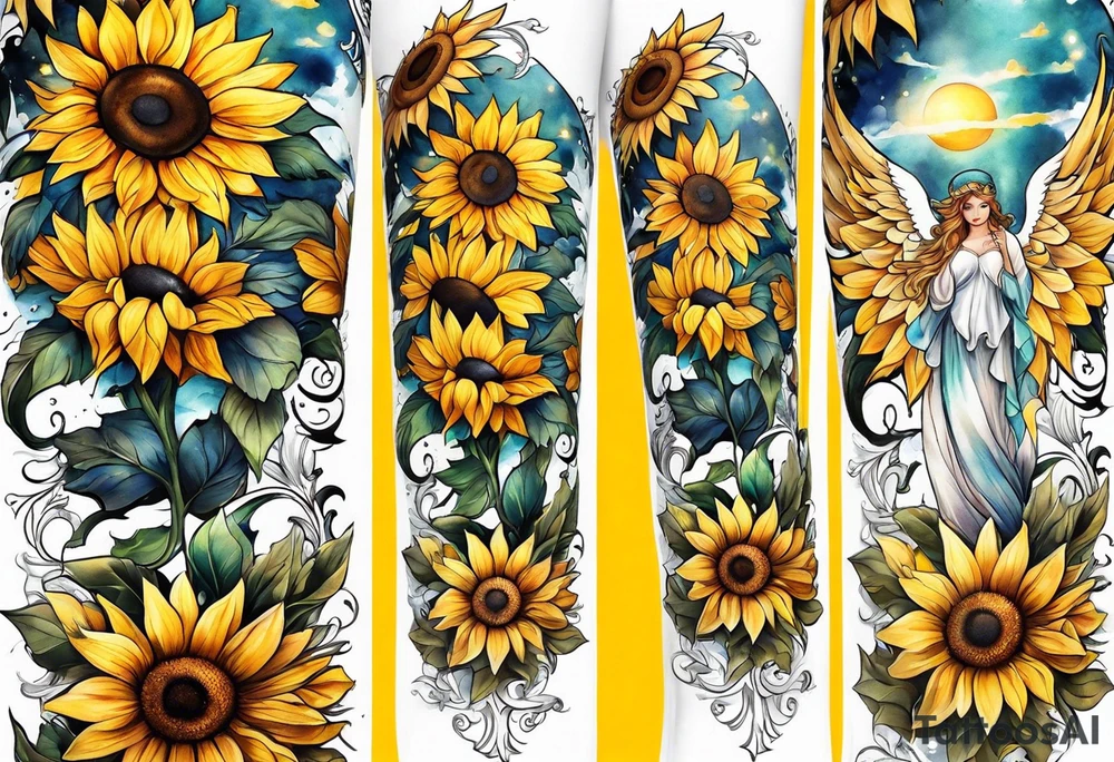 Sunflowers and angel wings leg sleeve tattoo idea