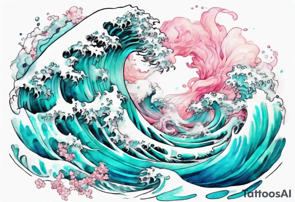 a beautiful turquoise and white and pink Scylla rising from the blue waves of the ocean tattoo idea