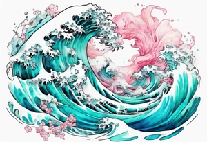 a beautiful turquoise and white and pink Scylla rising from the blue waves of the ocean tattoo idea