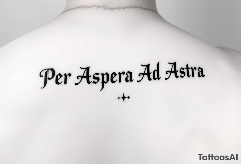 The phrase "Per Aspera Ad Astra" above the knee using Paragone Fancy Aesthetic Serif font. Also add a couple small minor stars at the end of the phrase tattoo idea