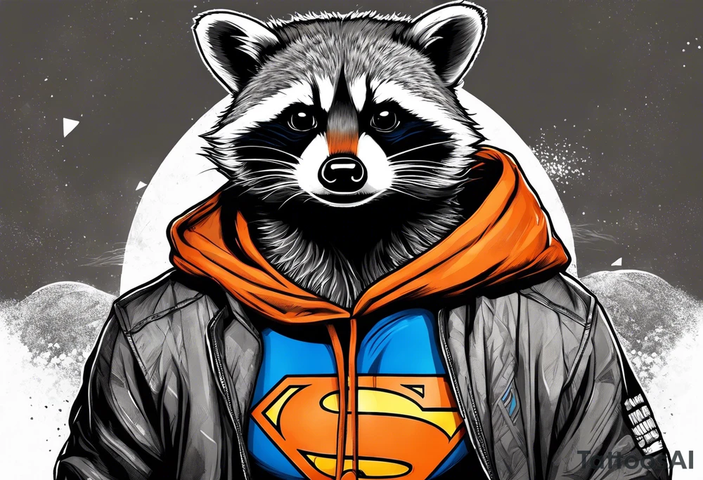 Raccoon wearing an orange Superman hoodie tattoo idea