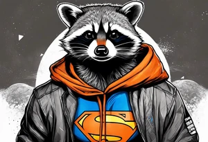 Raccoon wearing an orange Superman hoodie tattoo idea