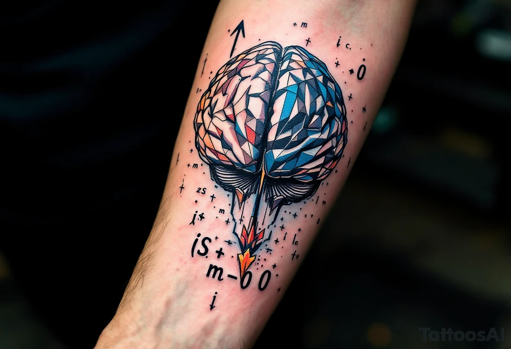 A front-seen brain in geometric and straight lines, math symbols arround. A detailed arrow crossing from below, with its tip desintegrating to represent to represent entropy. Around of the main tattoo, math and physics formulas fill the space, including the formula "ΔS ≥ 0" and the formula "(iδ + m) Φ = 0" tattoo idea