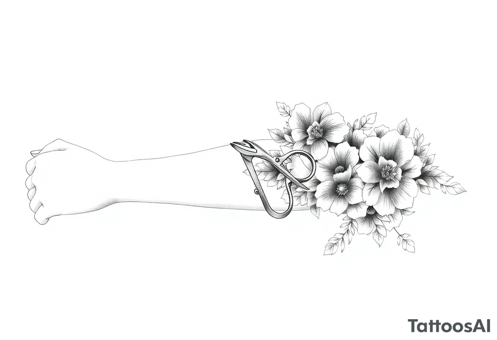 Ornate scissors and comb wrapped around flowers and hair tattoo idea