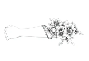 Ornate scissors and comb wrapped around flowers and hair tattoo idea