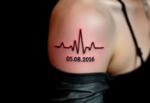 A heartbeat line ending in a red spike with your wedding date (05.08.2016) in cursive on both forearm. tattoo idea