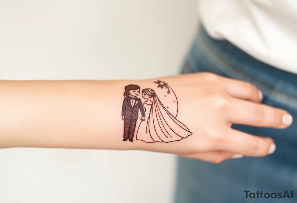 A softly shaded vintage-style illustration of a bride and groom, with sepia tones for an old-world charm tattoo idea