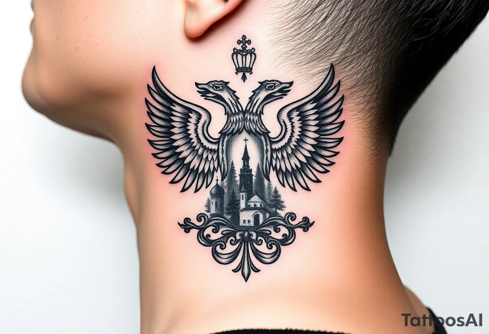 Traditional authentic Russian coat of arms with double headed eagle & a Christian orthodox virgin marry in the middle and silhouette in a Russian wilderness Christian orthodoxy dome church village setting on the side of my neck tattoo idea