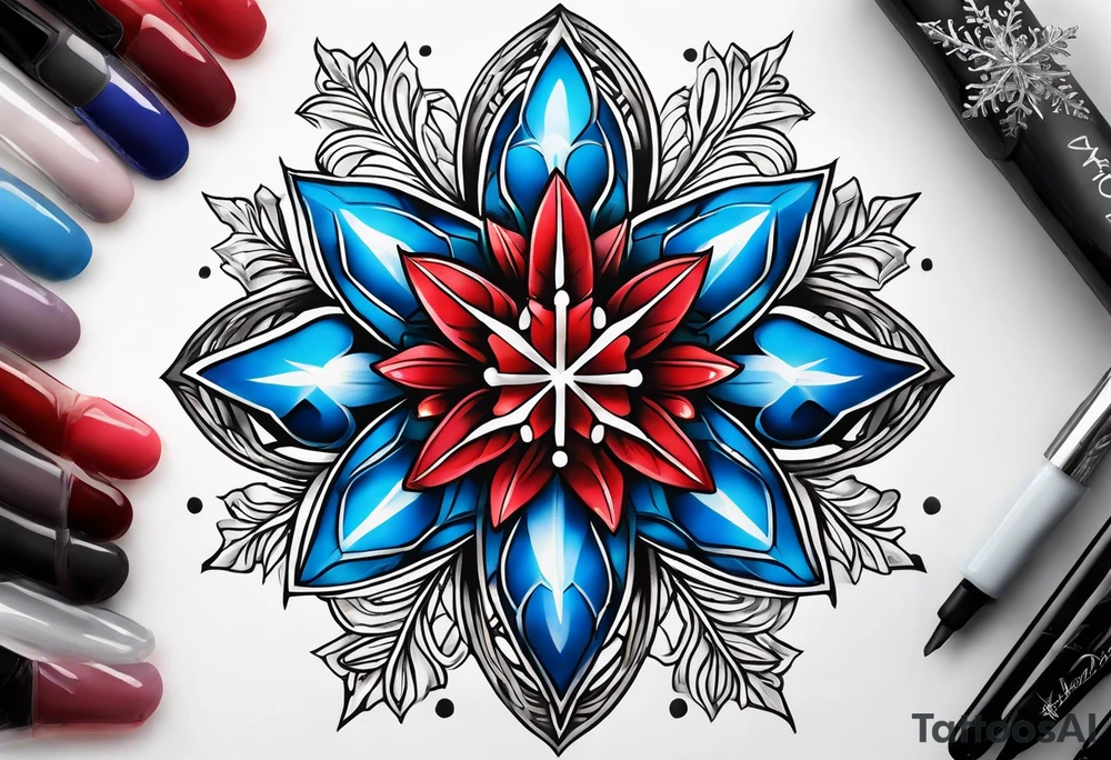 Small tattoo of a forget me knot flower, a red star, and a snowflake tattoo idea