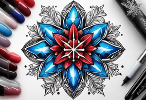 Small tattoo of a forget me knot flower, a red star, and a snowflake tattoo idea
