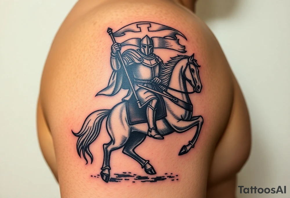 A medieval knight holding a banner with the Templar cross, riding into battle on a warhorse tattoo idea