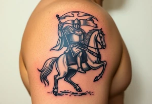 A medieval knight holding a banner with the Templar cross, riding into battle on a warhorse tattoo idea