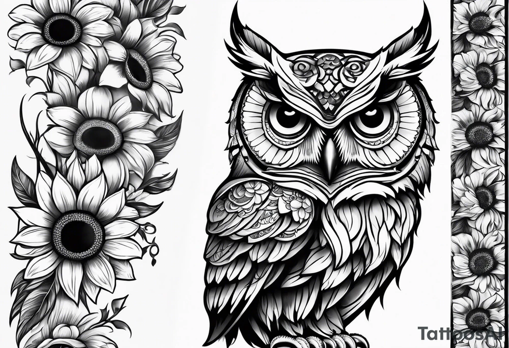 Black and white owl with sunflowers leg sleeve tattoo idea