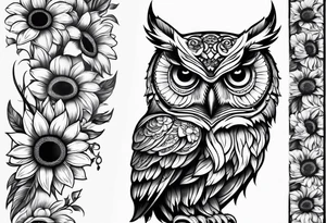 Black and white owl with sunflowers leg sleeve tattoo idea