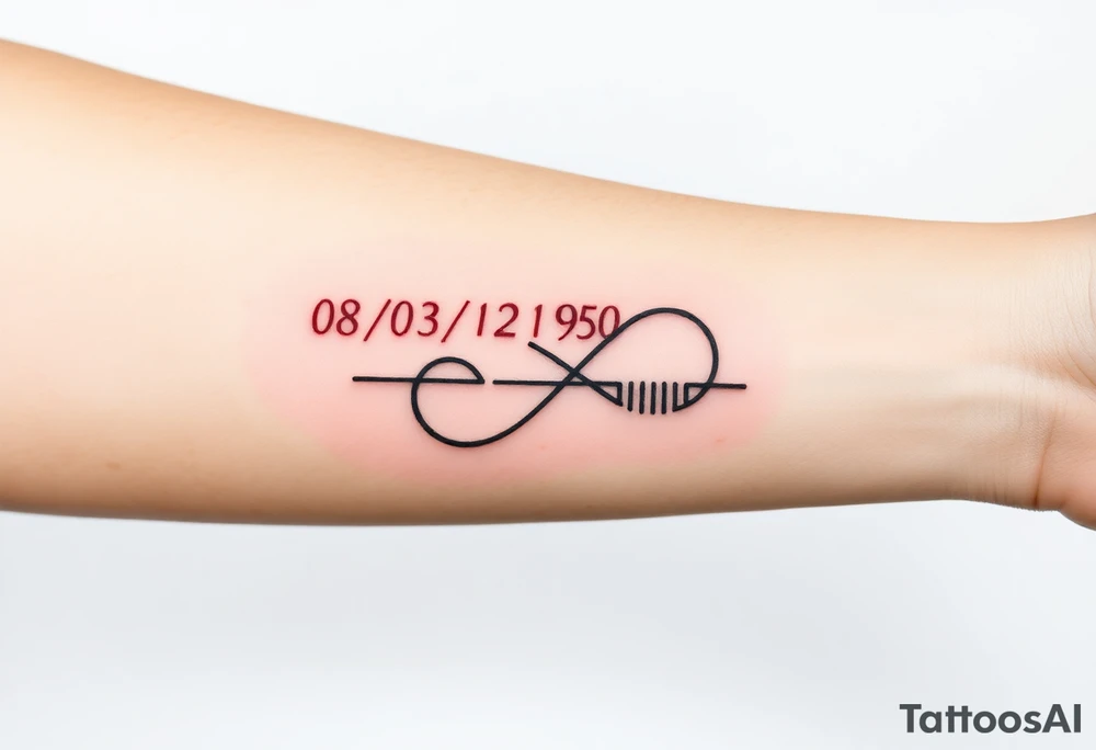“Quero uma tatuagem no antebraço, simples e pequena. Deve ter a data de nascimento do meu avô 08/03/1950 escrita em vermelho, seguida de um traço reto e, à frente, o símbolo de infinito em preto com detalhes em branco. O design deve ser minimalista, com letras elegantes e proporcionais, mantendo um aspeto discreto.” tattoo idea
