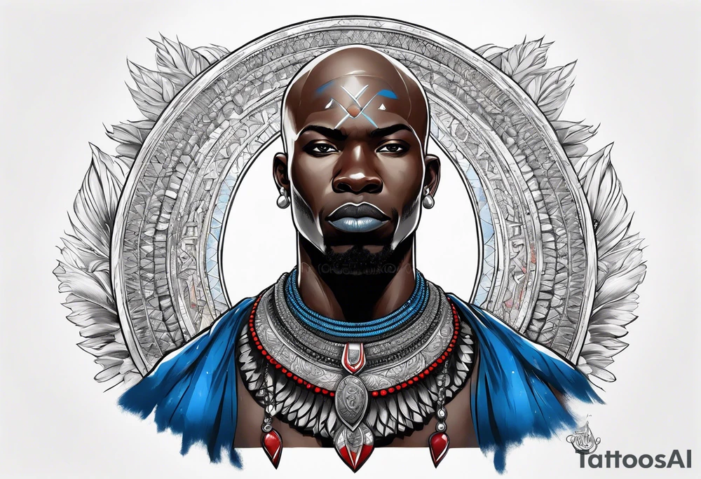 Black-skinned bald african warrior. He wears a simple and small silver crown. He uses blue and red necklaces tattoo idea