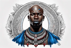 Black-skinned bald african warrior. He wears a simple and small silver crown. He uses blue and red necklaces tattoo idea