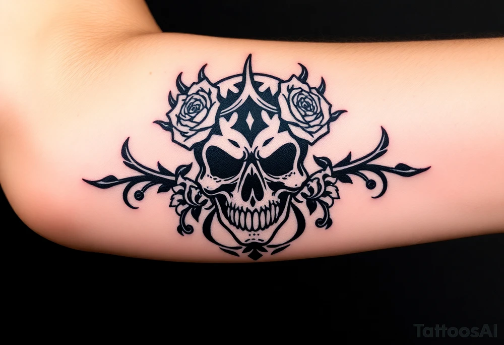 ornate skull adorned with crown of wild roses and thorns tattoo idea