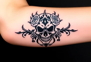 ornate skull adorned with crown of wild roses and thorns tattoo idea