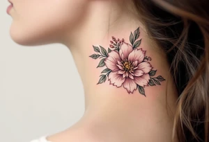 Florals with name "Simon" and numbers 12.2.2022 v 8:08 hidden within petals in dusty rose and olive green. tattoo idea