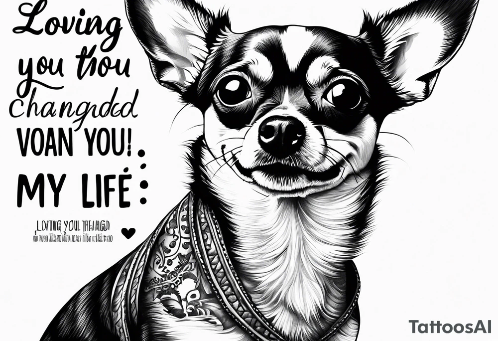 Portrait of chihuahua dog with paw print and phrase “loving you changed my life, losing you did the sane tattoo idea