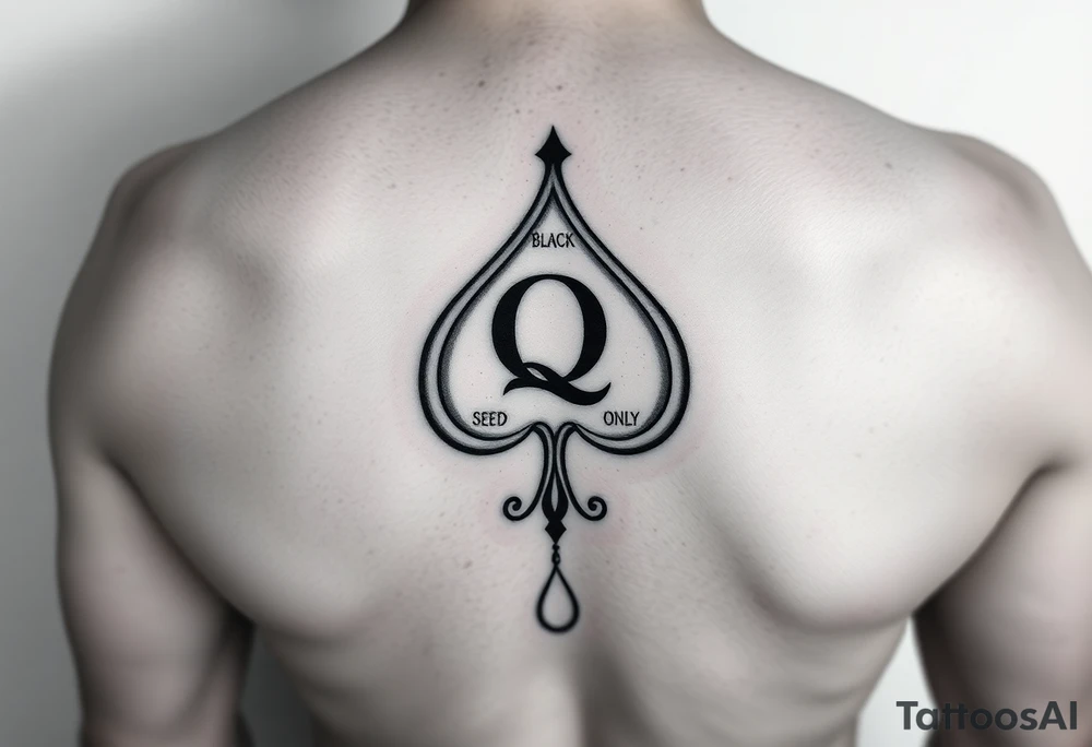 A spade womb tattoo with a Q in the center, with three points around the outside. The first reading, "BLACK". The second reading, "SEED". The third reading, "ONLY". A winding tail at the bottom of the spade. tattoo idea
